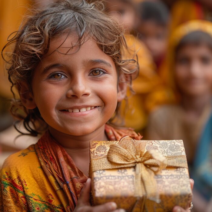 Children receiving gifts from elders, medium shot, warm and candid moment.
